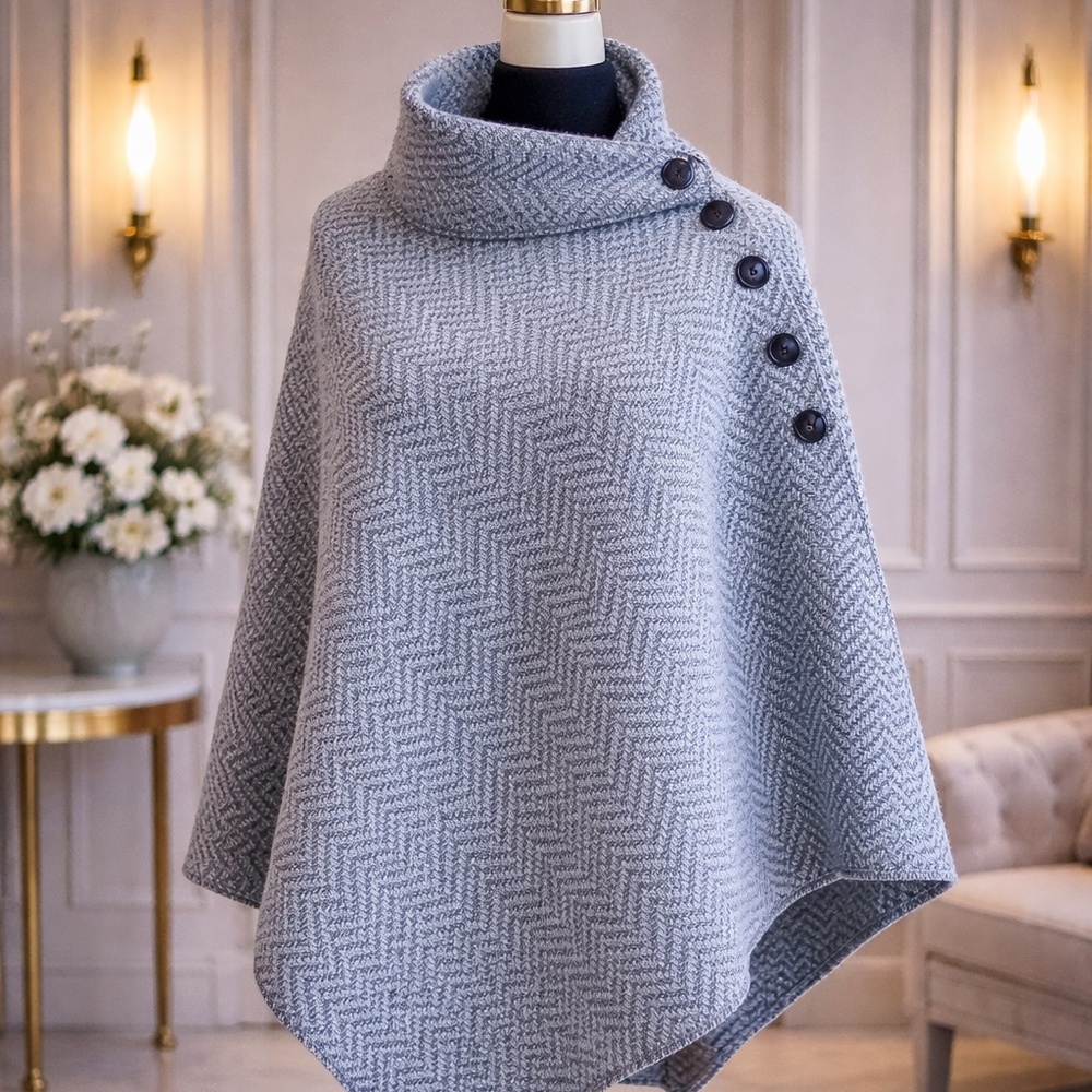 ARAN Irish Blue Herringbone Poncho w. Carved Wooden Button Detail -One Size BNWT